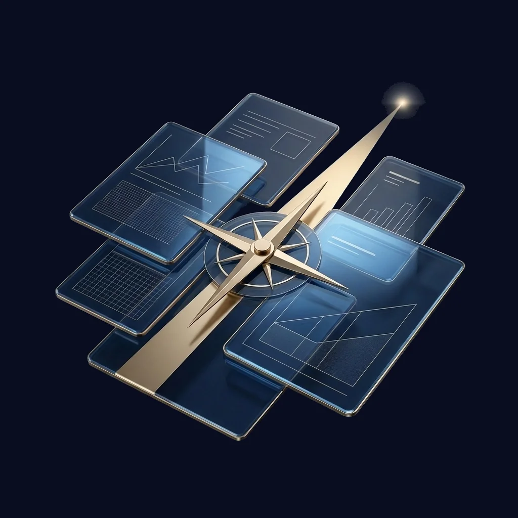 Navy and gold glass compass above financial reports and chart panels