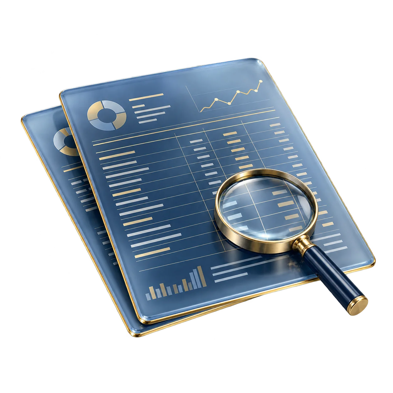 Navy and gold glass financial reports with a magnifying glass