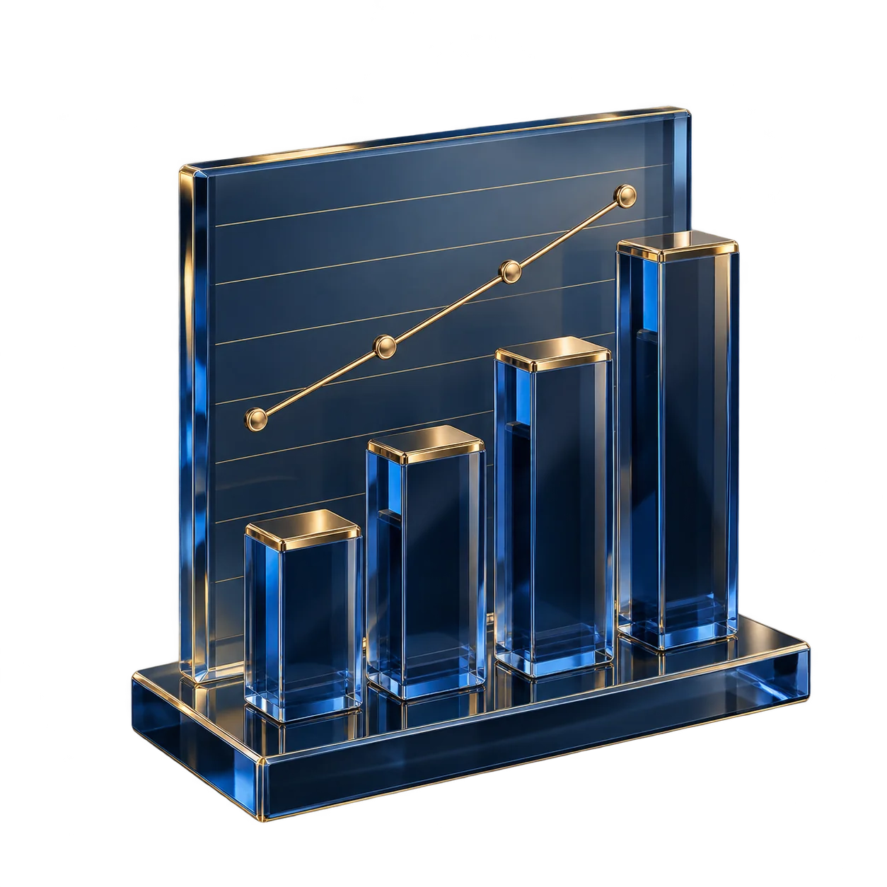 Navy and gold glass bar chart with a rising trend line